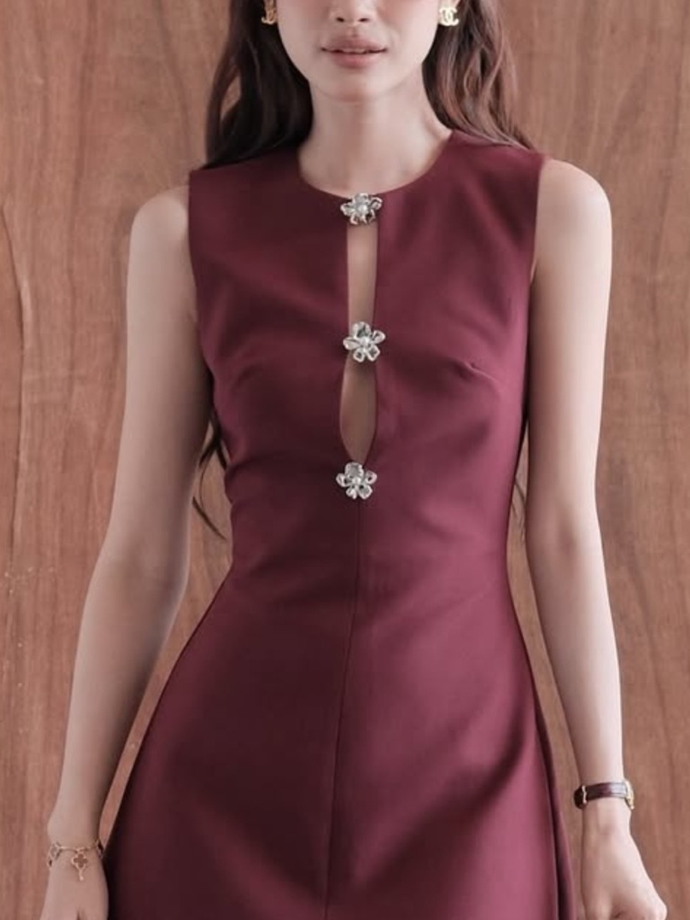 Sleeveless Burgundy Sheath Dress with Floral Jewel Accents
